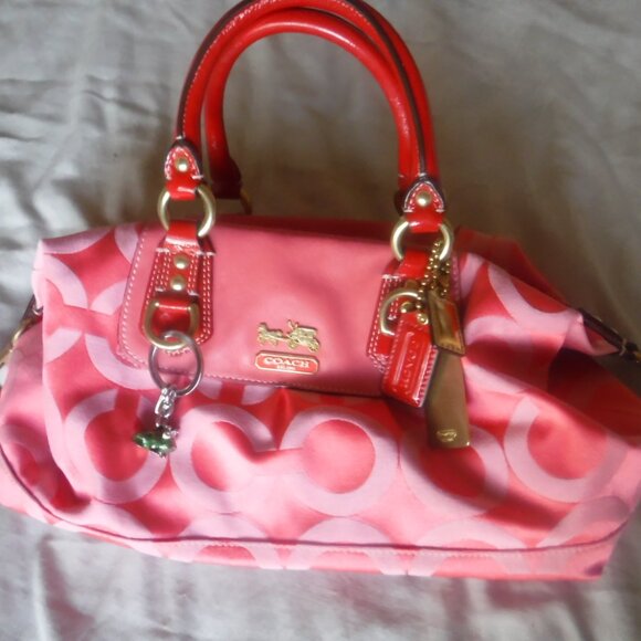 Coach Pink Purse Vintage Pink Fabric Red Handles Rare - Picture 9 of 14